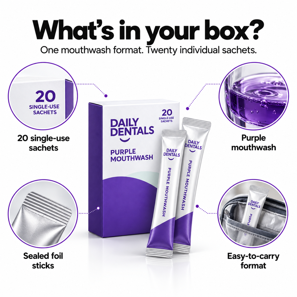 Daily Dentals Purple Whitening Mouthwash — 20 individual sachets